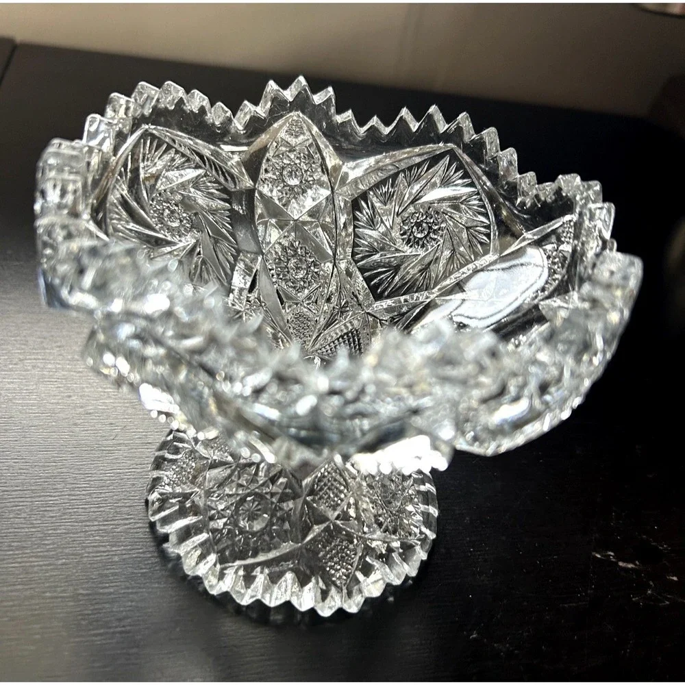 Vintage Brilliant Cut Glass Pedestal Compote Bowl Hobstar Sawtooth Edge 4.75